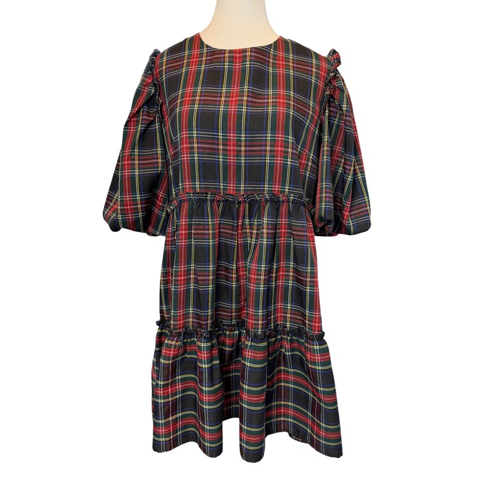 AURA Large Plaid Tiered Babydoll Mini Dress Red Green Tartan Puff Sleeve